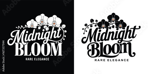 Midnight Bloom floral logo with orchid illustration and elegant script typography for luxury brand identity, boutique label, and t shirt design