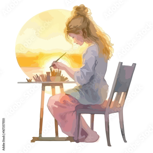 Artist at Sunset Painting Pottery with Golden Light and Flowing Hair