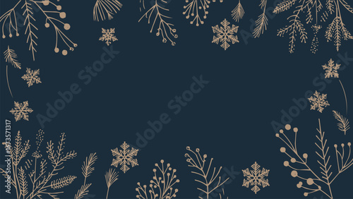 Minimal elegant winter frame with gold snowflakes and botanical foliage on dark navy background for Christmas card, festive border, and t shirt design