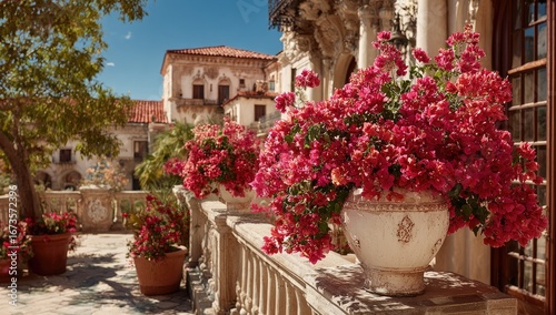 Lush pink bougainvillea adorns a sun-drenched balcony