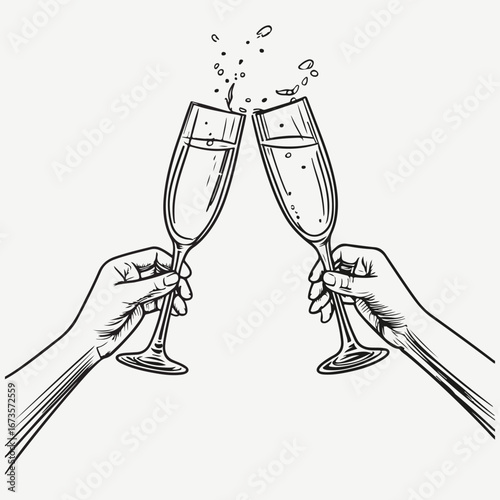 hands with Champagne glasses clinking sketch illustration vector