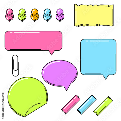 Set of speech bubbles and pins. Decorative objects for design.