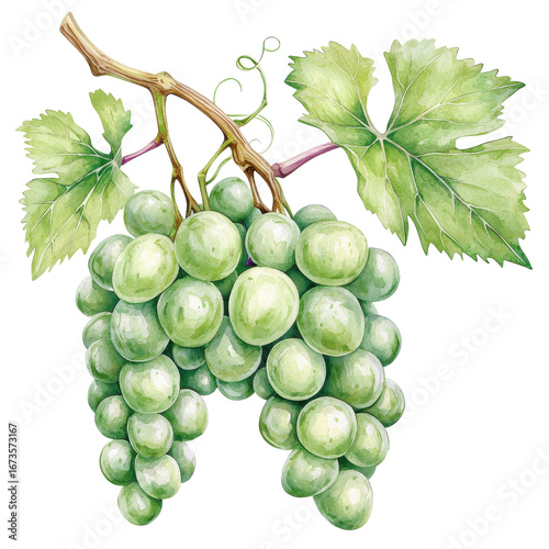 Watercolor illustration of green grape bunch with leaves on vine branch