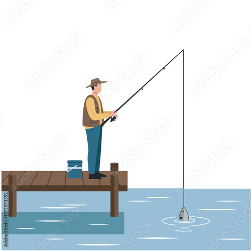 Man enjoying a recreational fishing trip, standing on a wooden pier and successfully catching a fish from the water