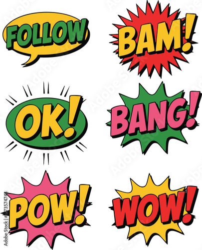 Collection of comic book style speech bubbles with action words like bam, pow, wow, isolated on white background