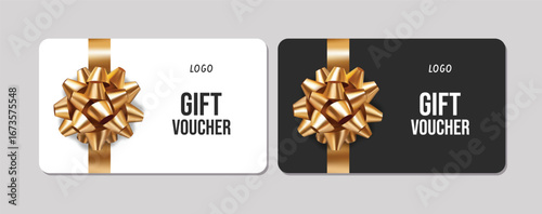 3d realistic gift cards with a ribbon bow. Gift Certificate Template, Sale Card, Birthday, Christmas