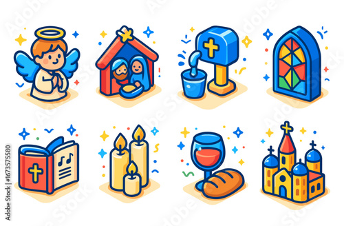 Christian symbols angel, nativity, baptism, stained glass, hymnal, candles, communion, church