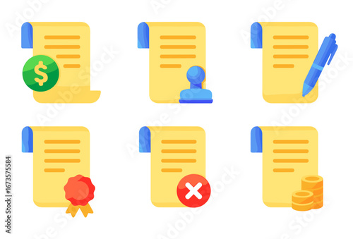 Collection of financial document icons with symbols and various signatures