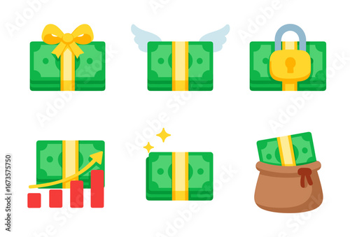 Money icons growth, security, and finance concepts illustrated