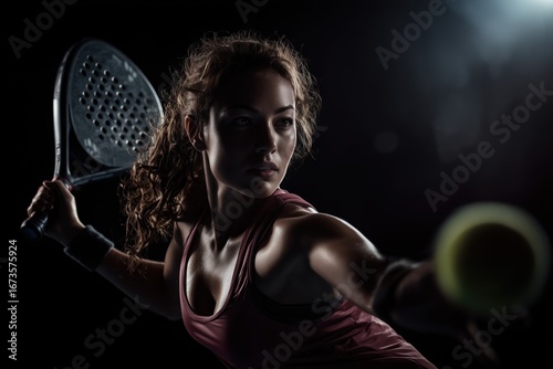 a beautiful woman playing padel, in a dynamic pose with a racket and ball, isolated on a dark background