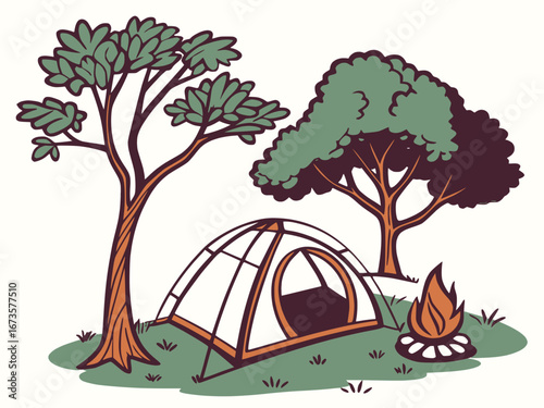 Vector illustration of a camping scene in outdoor park, tent, campfire, trees, solid colors, white background, clean style