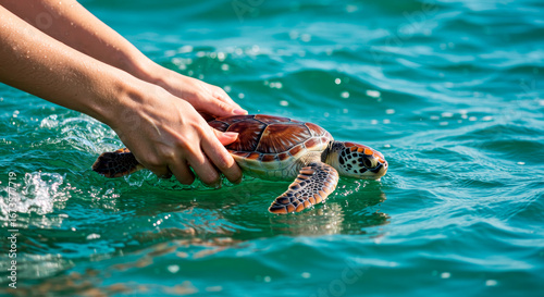 Woman holding a sea turtle in gentle teal water. Wildlife rescue and conservation concept for National Wildlife Day.