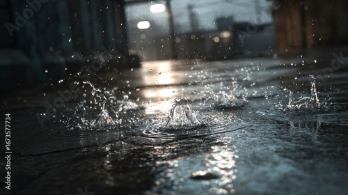Water splashing on wet pavement