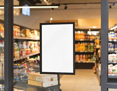 Storefront sign mockup with blank poster in a grocery store