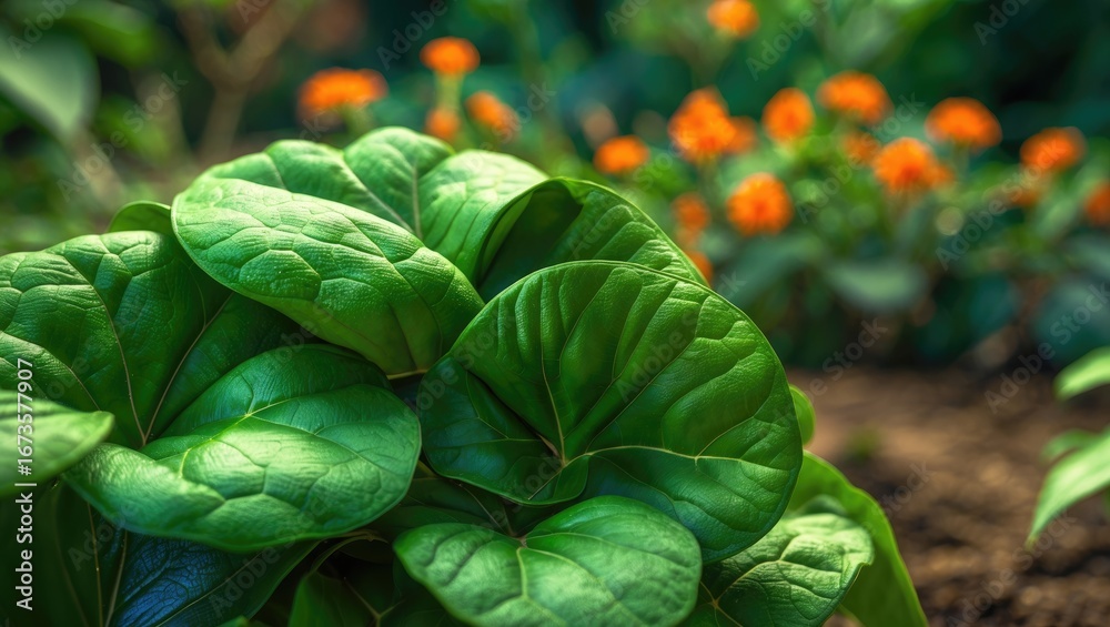 Fototapeta premium Lush green leaves of plant with characteristic rounded shape, thriving in garden with orange flowers in the background.