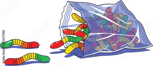 Cartoon image of a bag of gummy worms with some spilled out on the surface