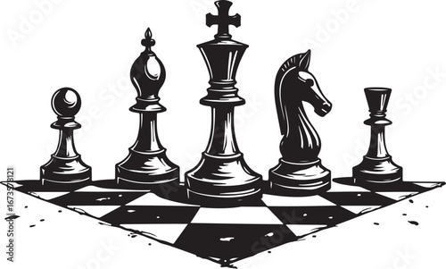 Classic Chess Pieces on Checkerboard Silhouette" Vector