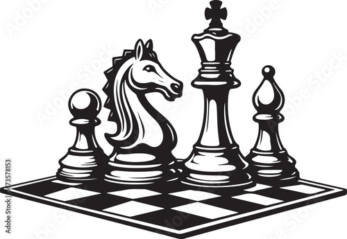 Classic Chess Pieces on Checkerboard Silhouette" Vector