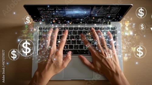 Hands typing on laptop with digital currency.