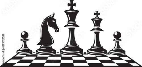 Classic Chess Pieces on Checkerboard Silhouette" Vector