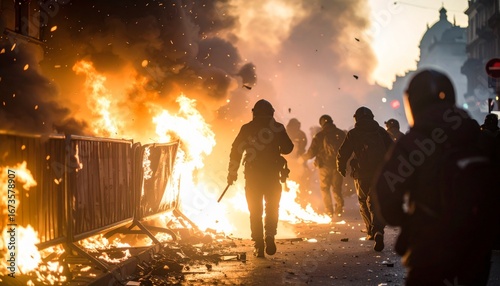 Anarchic street riots, Molotov cocktails exploding at barricades, broken glass and sparks flying