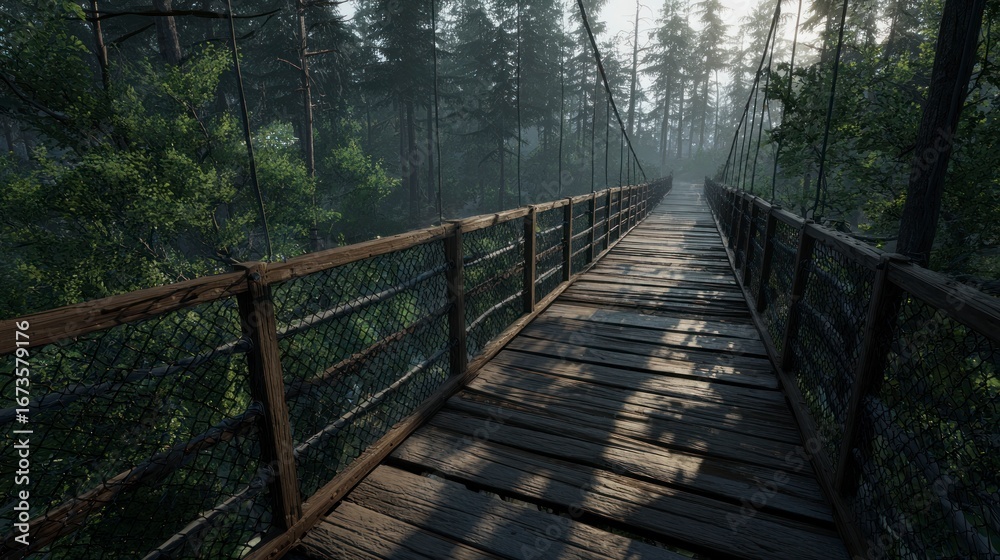 Fototapeta premium Wooden suspension bridge in forest scenery