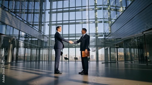 Two diverse businessmen shake hands modern glass building lobby closing a deal this corporate scene symbolizes success partnership agreement negotiation teamwork professional greeting meeting welcome