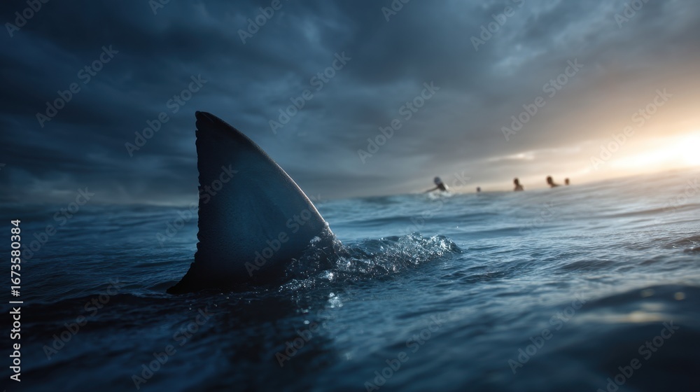 Fototapeta premium Shark fin emerges menacingly from dark ocean water with blurry figures of men in the distance illustrating danger.