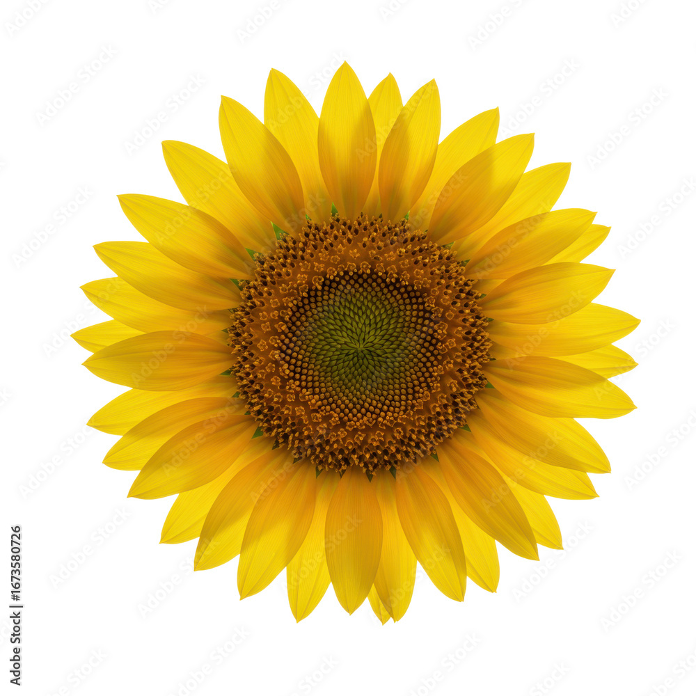 Fototapeta premium Sunflower head isolated on white background, vibrant yellow petals with detailed brown center, minimal clean product composition.