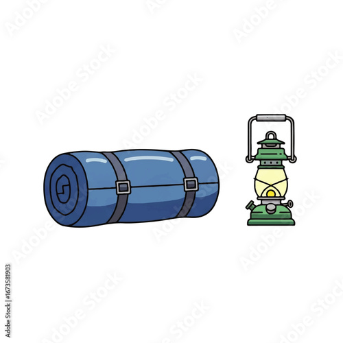 Rolled-up sleeping mat and camping lantern, essential gear for outdoor adventures