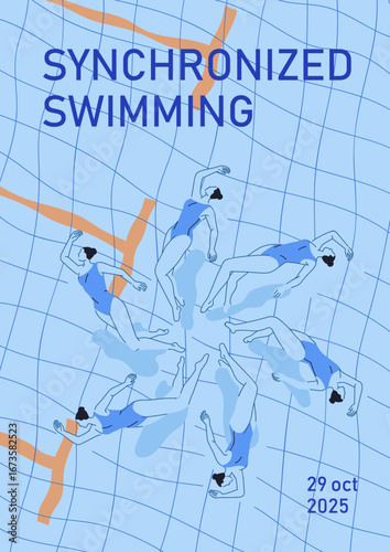 Synchronized swimming, female swimmers swimming underwater, promotion poster ...