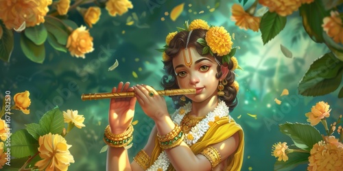 Realistic Illustration of Lord Vishnu with Young Krishna in Divine Setting
