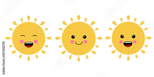 Cute happy sun cartoon faces. Hand drawn joyful cartoon style sun characters icon set