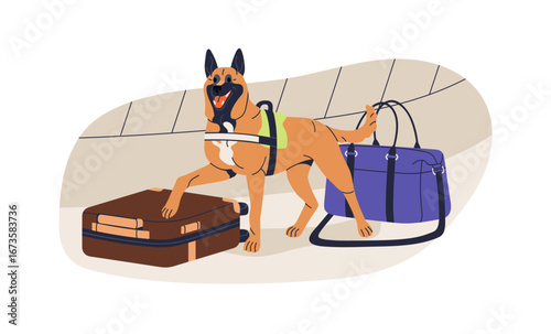 Dog working at border and customs control, sniffing luggage, bags, searching. Trained canine animal at service for detection contraband, drugs. Flat vector illustration isolated on white background