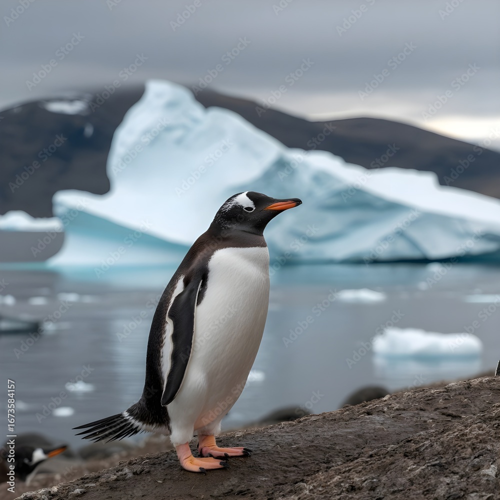 Fototapeta premium A gentoo penguin stands on a rocky shore with a large iceberg in the background