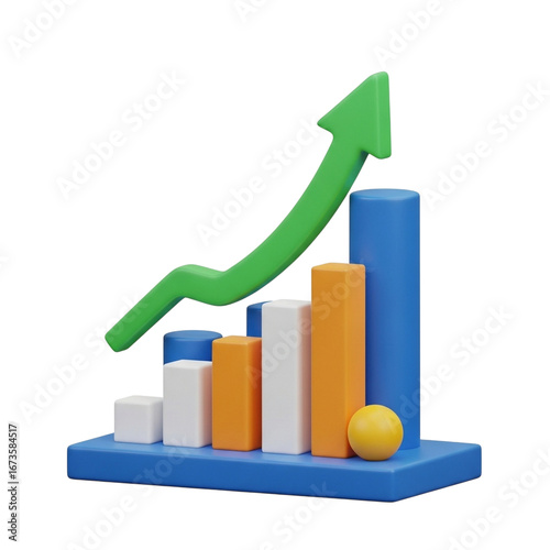 3d bar chart with upward trend arrow symbolizing financial growth and success