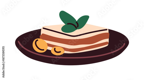 Dessert, sweet food, pastry piece served on plate. Layered cake with green mi...