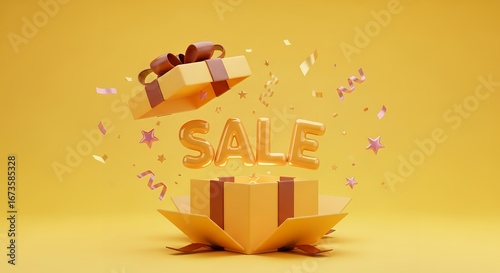 Open gift box with shiny golden SALE text stars and confetti exploding into a bright yellow background discount promotion offer present celebration shopping