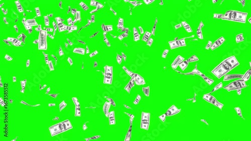 Flying 3d dollars on green screen background