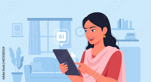 An Indian woman happily engages with artificial intelligence on her tablet device, exploring digital learning and modern technology in her comfortable home environment.