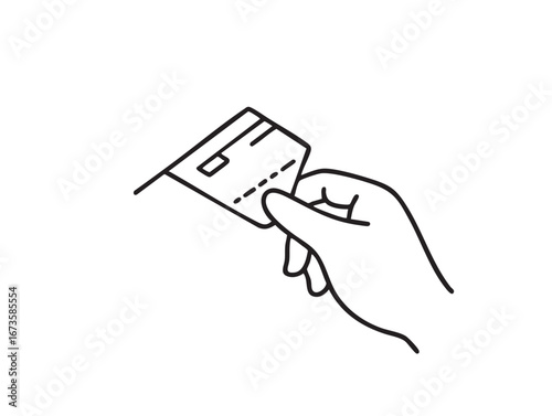 Illustration of a hand holding a credit card or debit card illustrating contactless payment and digital transactions for online shopping or in store payments offering convenience and simplicity