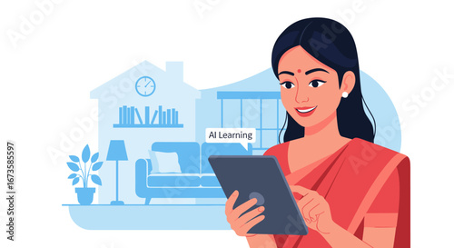 An Indian woman engages in AI learning on her digital tablet from the comfort of her modern home, embracing advanced education and skill development.