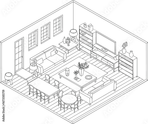 Isometric black and white living dining room interior with furniture, decor, sofa, table, bookshelf, lamps, windows, modern layout design