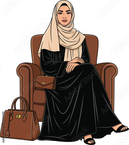 Modern Stylish Muslim Woman in Hijab and Abaya Sitting in an Armchair