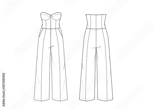 Corset Bustier Tailored Jumpsuit, fashion flat sketch, Editable Flat Technical Drawings Illustration, Dress Mockup