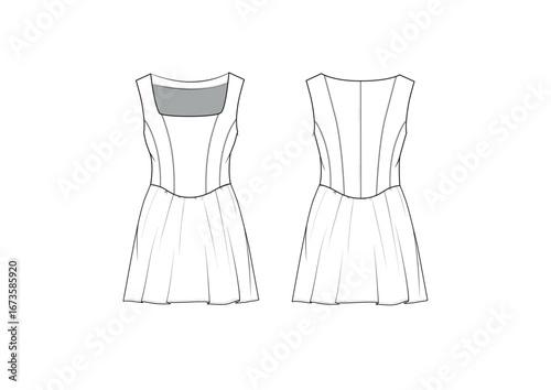 Corset Square Neck Mini Dress, fashion flat sketch, Editable Flat Technical Drawings Illustration, Dress Mockup