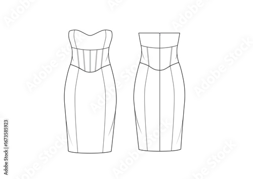 Corset Bustier Strapless Body-con Tube Dress, fashion flat sketch, Editable Flat Technical Drawings Illustration, Dress Mockup