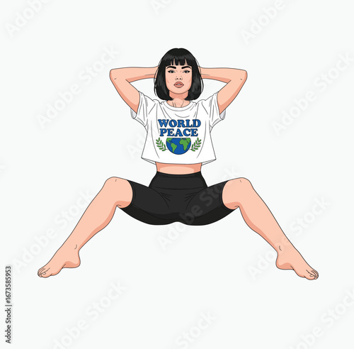 Trendy Woman in a 'World Peace' T-shirt in a Confident Pose