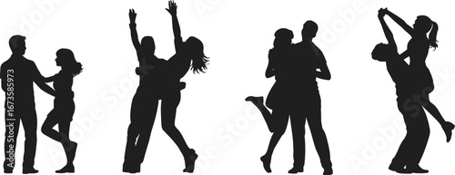 Romantic couple silhouette poses, dancing love moments, joyful embrace, expressive body language, black vector art for relationship and celebration themes