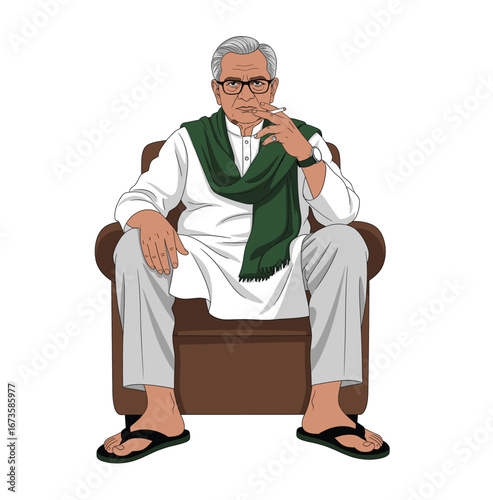 Powerful Elderly South Asian Man in Traditional Clothes Smoking